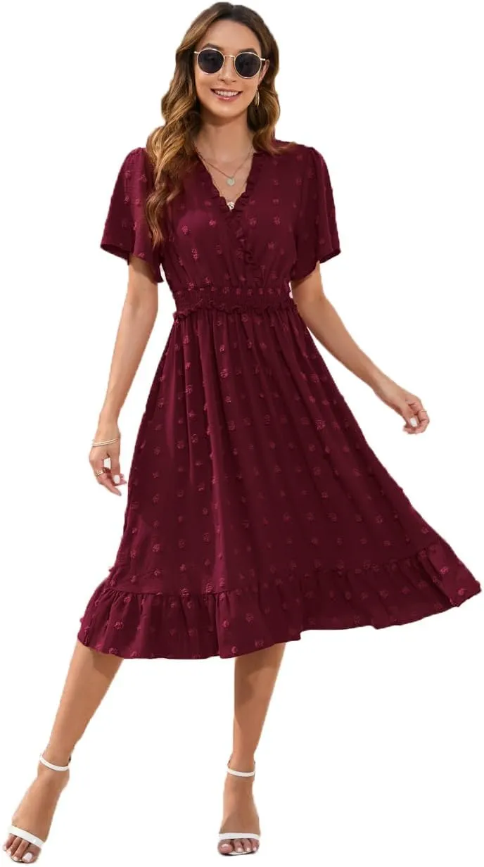 Womens Summer Short Sleeve Wrap V Neck Swiss Dot Midi Dress Boho Ruffle Wedding Guest Dress