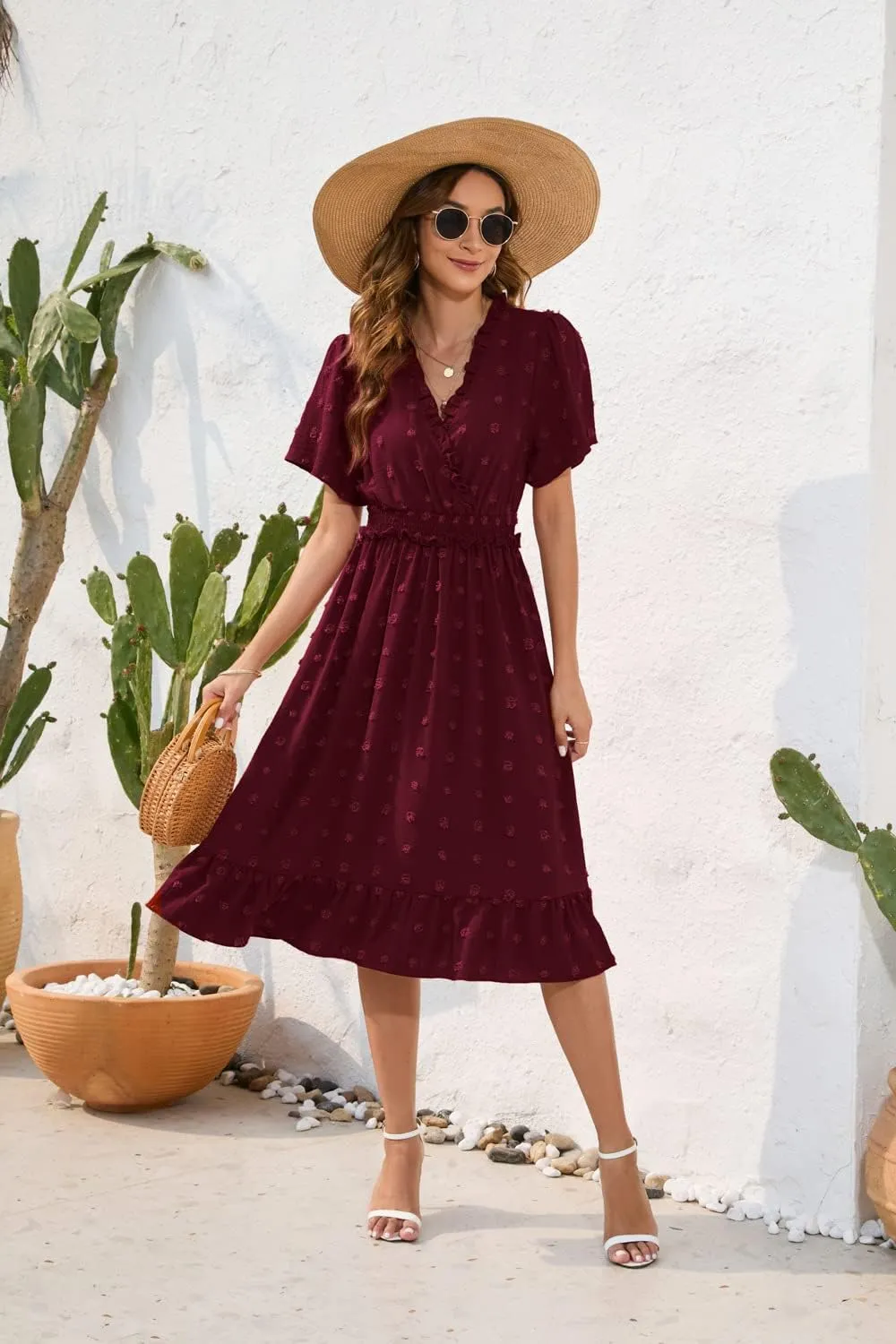 Womens Summer Short Sleeve Wrap V Neck Swiss Dot Midi Dress Boho Ruffle Wedding Guest Dress