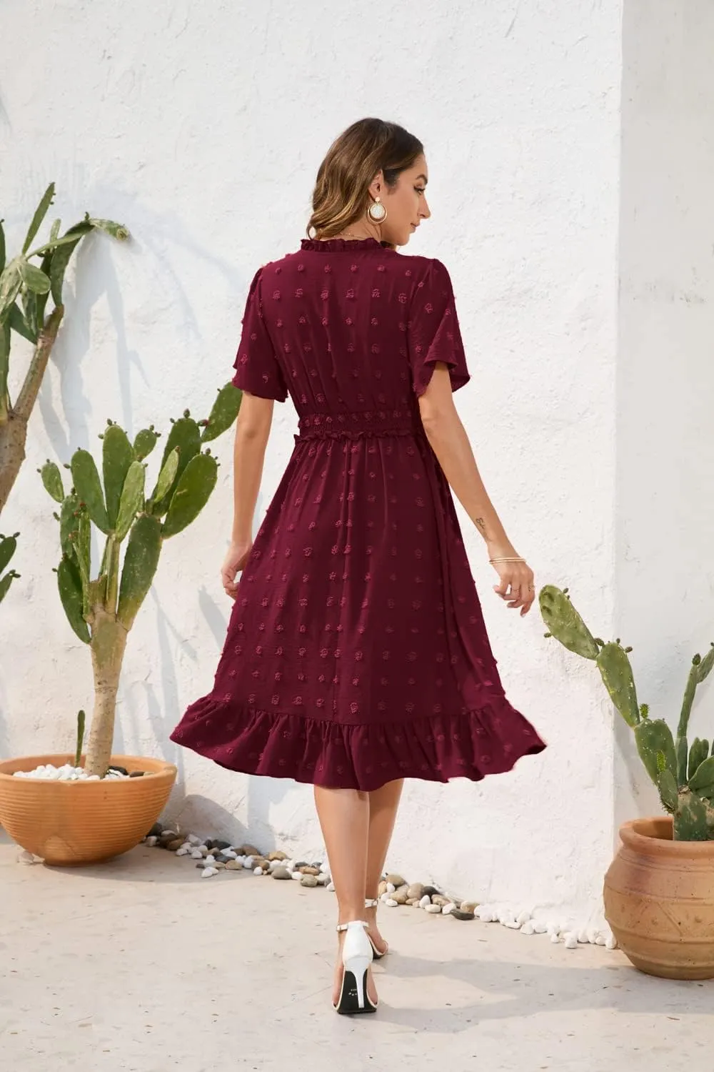 Womens Summer Short Sleeve Wrap V Neck Swiss Dot Midi Dress Boho Ruffle Wedding Guest Dress