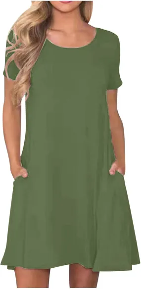 Womens Summer T Shirt Dress Casual Crew Neck Ruffle Dress Spring Summer Boho Loose Swing Midi Dresses with Pockets