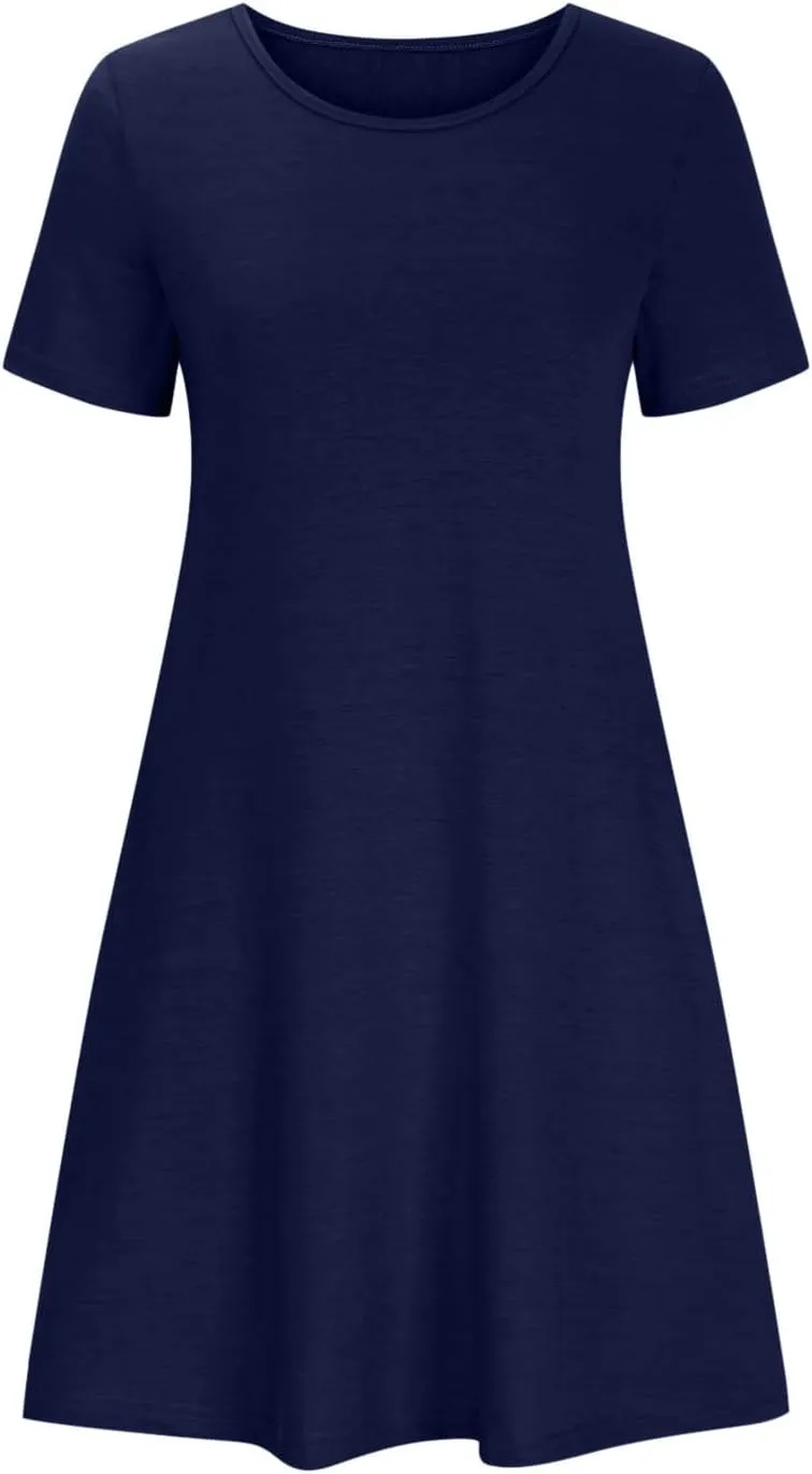 Womens Summer T Shirt Dress Casual Crew Neck Ruffle Dress Spring Summer Boho Loose Swing Midi Dresses with Pockets