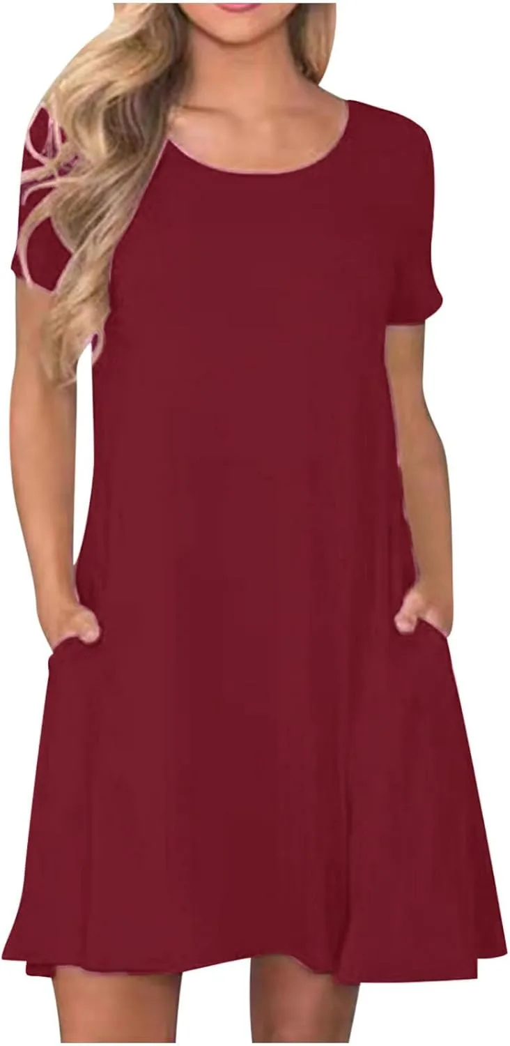 Womens Summer T Shirt Dress Casual Crew Neck Ruffle Dress Spring Summer Boho Loose Swing Midi Dresses with Pockets