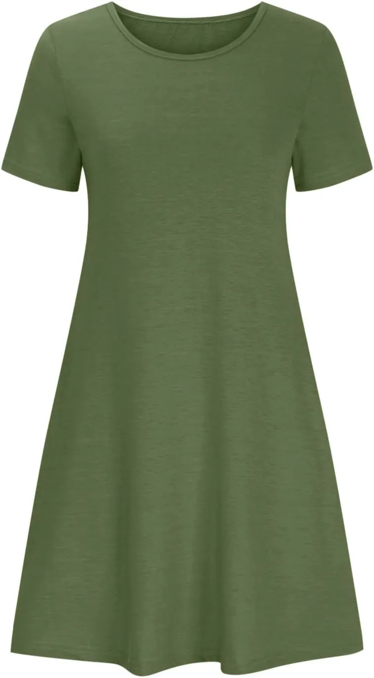 Womens Summer T Shirt Dress Casual Crew Neck Ruffle Dress Spring Summer Boho Loose Swing Midi Dresses with Pockets