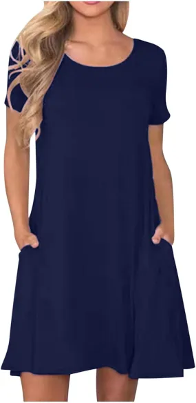 Womens Summer T Shirt Dress Casual Crew Neck Ruffle Dress Spring Summer Boho Loose Swing Midi Dresses with Pockets