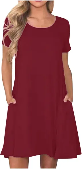 Womens Summer T Shirt Dress Casual Crew Neck Ruffle Dress Spring Summer Boho Loose Swing Midi Dresses with Pockets