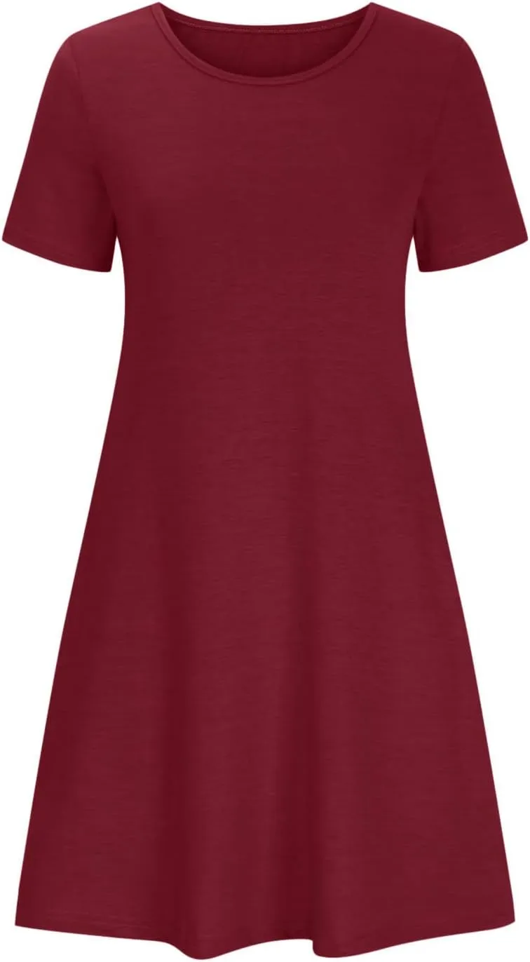 Womens Summer T Shirt Dress Casual Crew Neck Ruffle Dress Spring Summer Boho Loose Swing Midi Dresses with Pockets