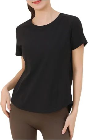 Women's T Shirts Round Neck Short Sleeve Breathable Tee Sun Protection Quick Dry Yoga Gym Workout Athletic Tops