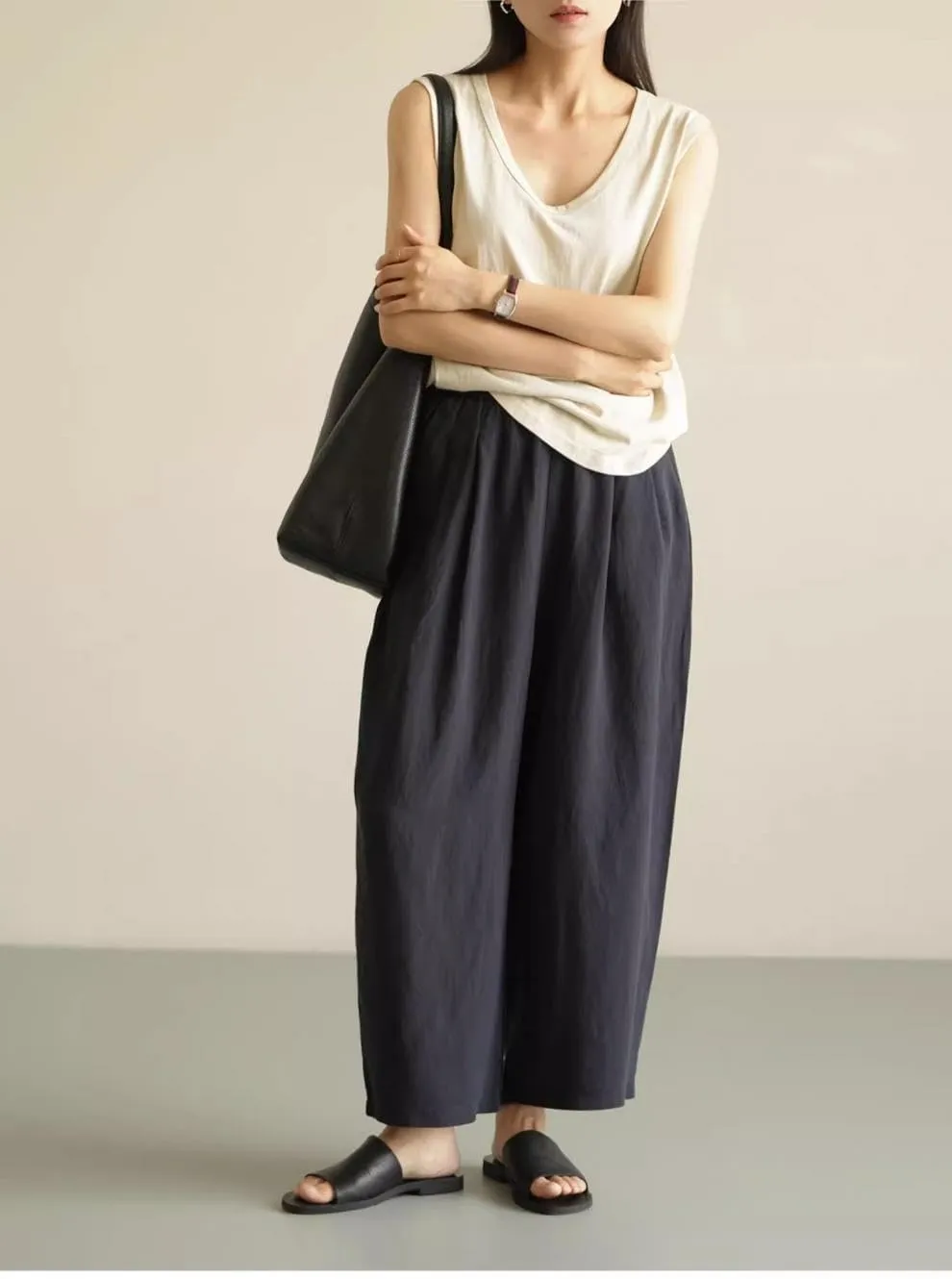 Yeokou Womens Linen Wide Leg Pants Casual Cropped Elastic Waist Summer Beach Vacation Harem Pants with Pockets