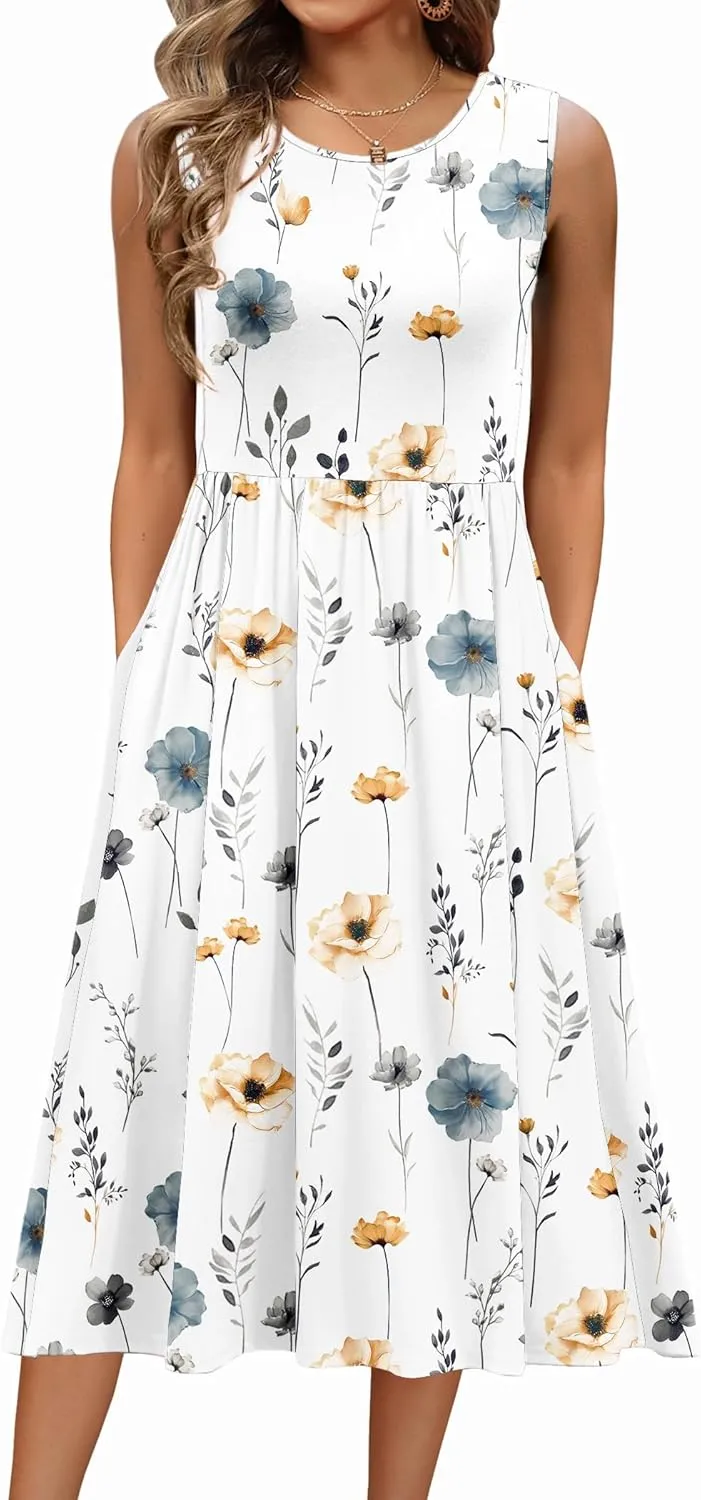 Zeagoo Women's Summer Tank Midi Dress with Pockets Sleeveless A-Line Dress Casual Floral T-Shirt Dress Flowy Beach Sundress