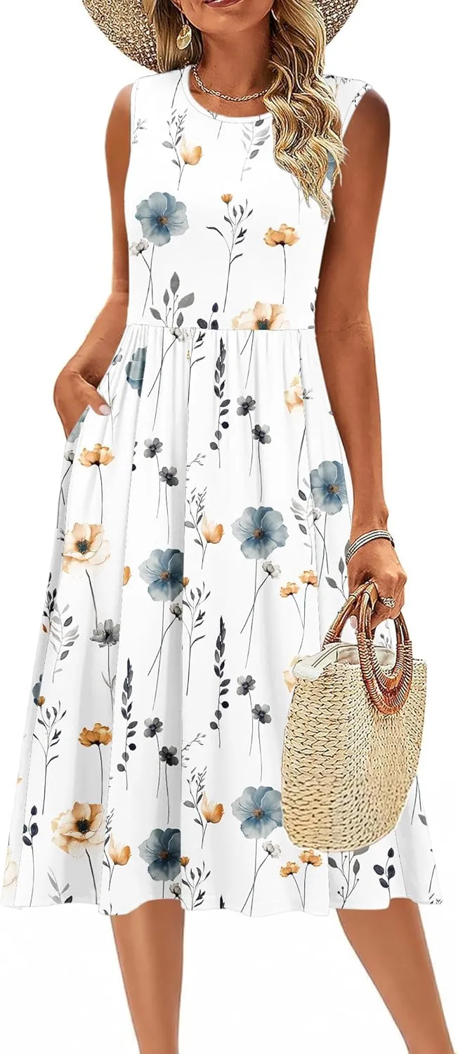 Zeagoo Women's Summer Tank Midi Dress with Pockets Sleeveless A-Line Dress Casual Floral T-Shirt Dress Flowy Beach Sundress
