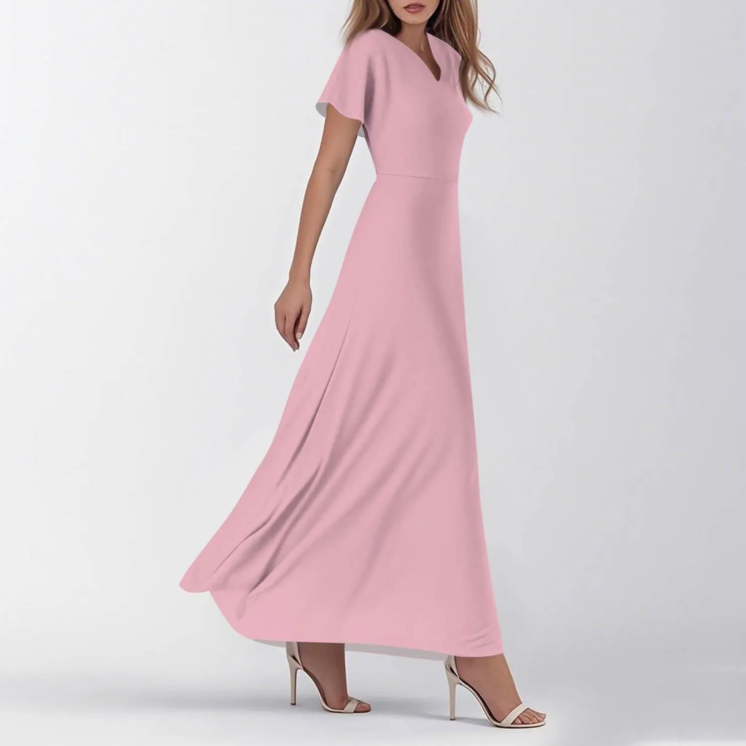 ZEFOTIM Maxi Dress for Women Work Solid Color Dress Short Sleeve V Neck Dresses