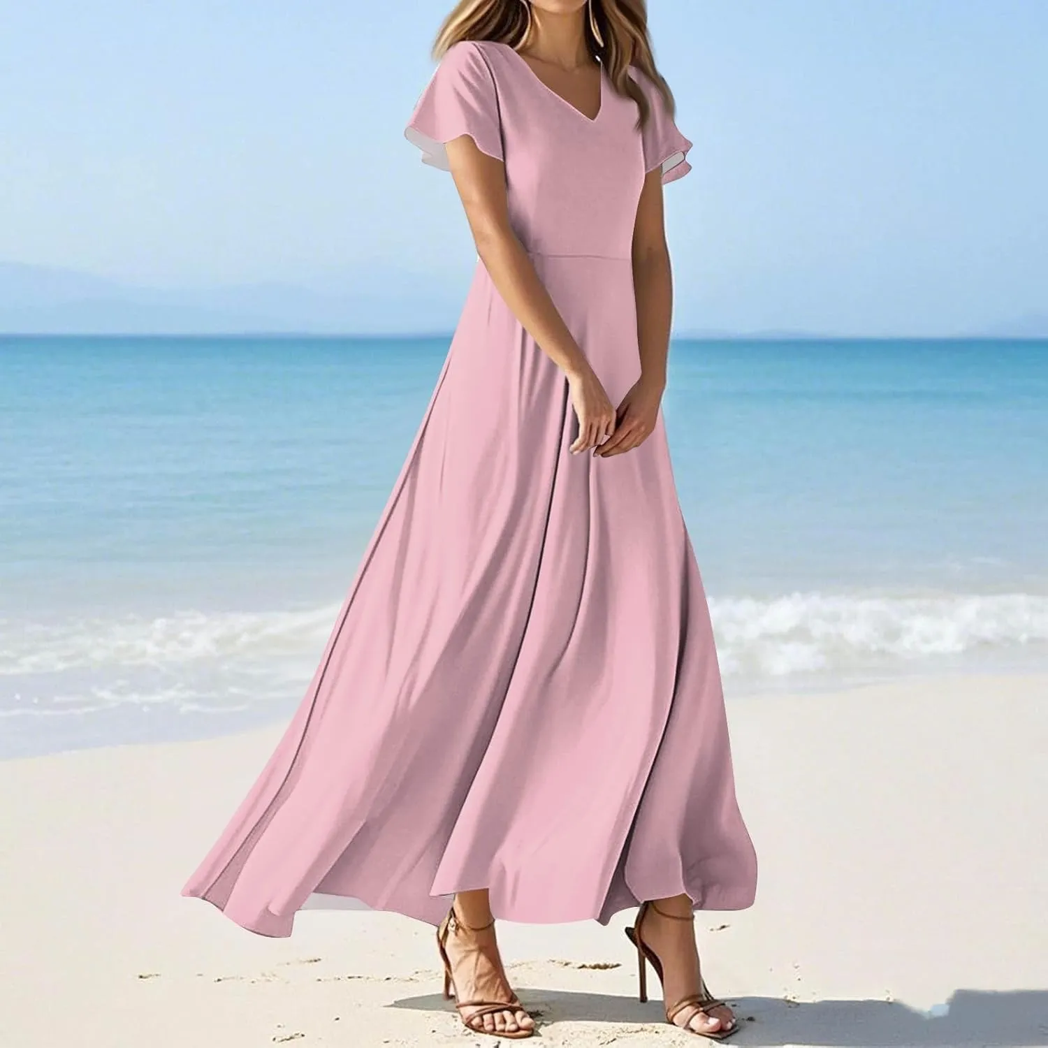 ZEFOTIM Maxi Dress for Women Work Solid Color Dress Short Sleeve V Neck Dresses