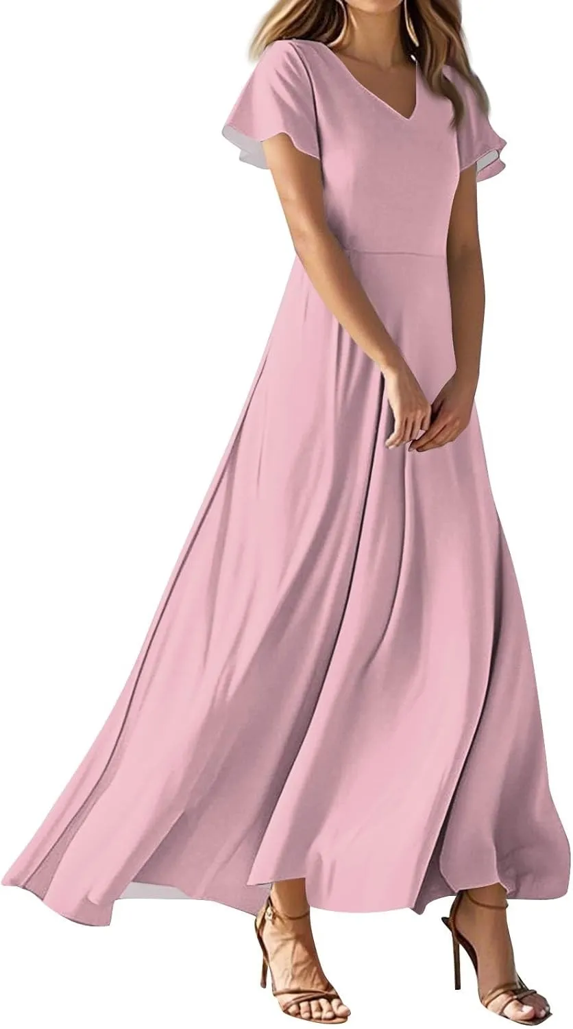 ZEFOTIM Maxi Dress for Women Work Solid Color Dress Short Sleeve V Neck Dresses