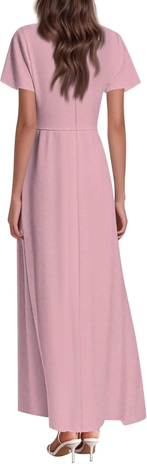 ZEFOTIM Maxi Dress for Women Work Solid Color Dress Short Sleeve V Neck Dresses